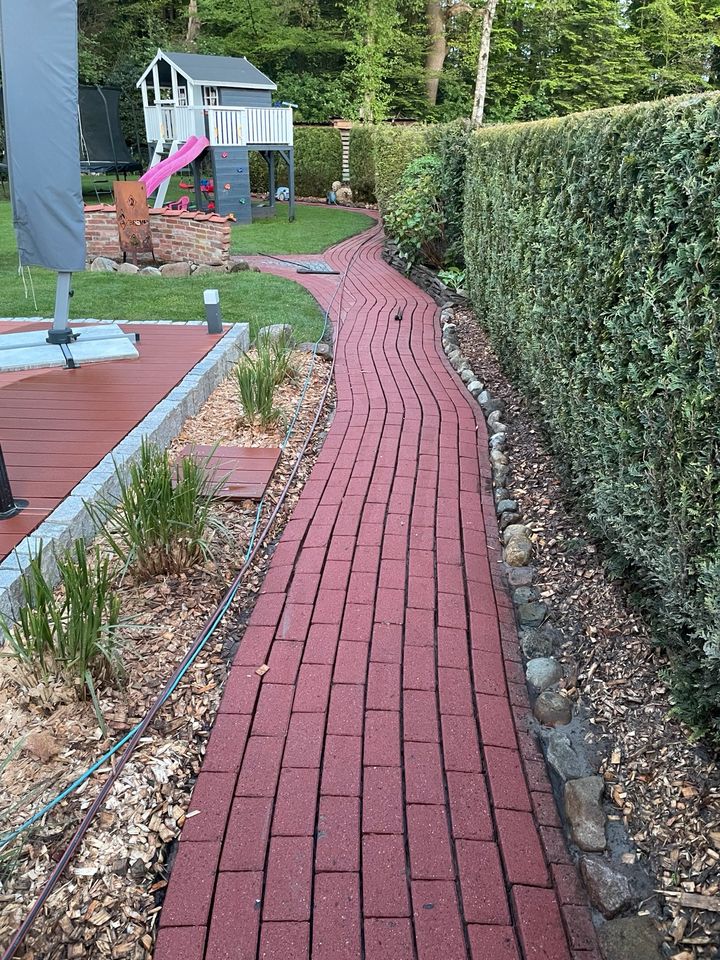 Gepflasterter Gartenweg nach der Reinigung, sauber und frei von Schmutzablagerungen, gepflegtes Erscheinungsbild