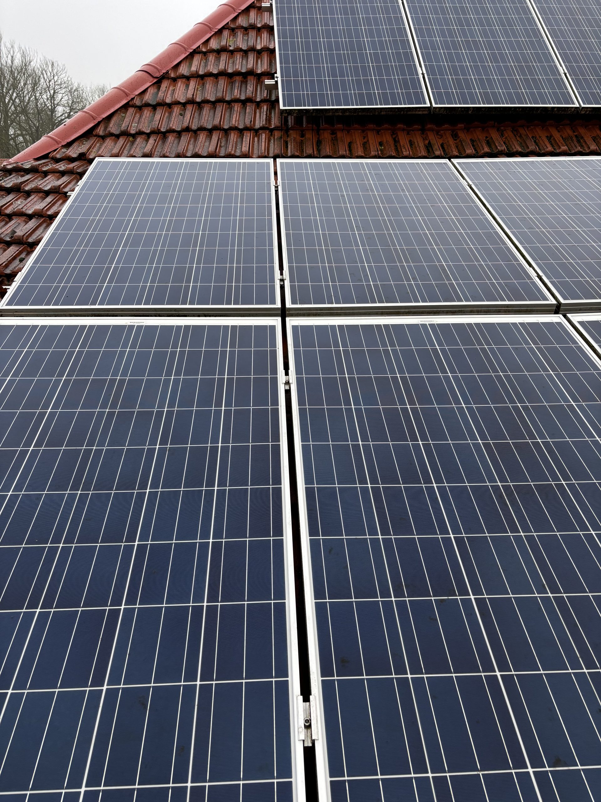 Saubere Solarmodule auf einem Dach nach der Reinigung, glänzend und frei von Staub- und Schmutzablagerungen, klare Reflexionen sichtbar